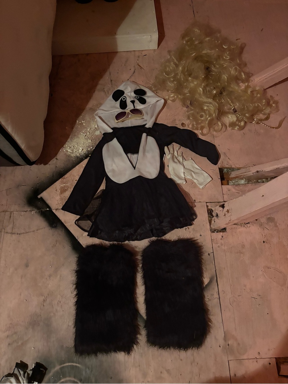 Panda Bear Kids Costume Hoodie Dress with Fur Leg Warmers - Black & White